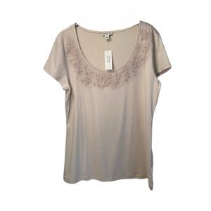 NWT Banana Republic Women’s Scoop Neck Top, Beige with Flowers & Beading…